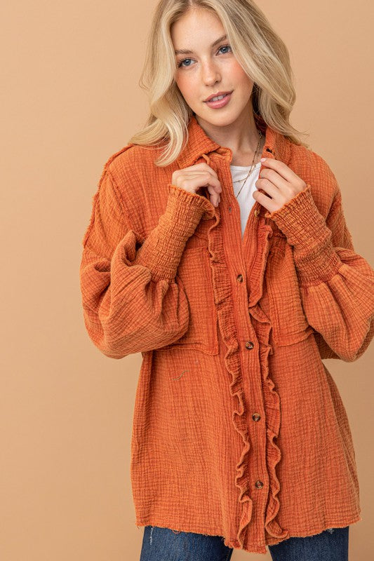 Everyday Persimmon Cotton Smocked Ruffle Detail Shacket