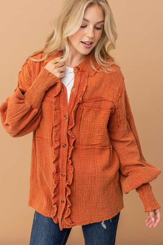 Everyday Persimmon Cotton Smocked Ruffle Detail Shacket