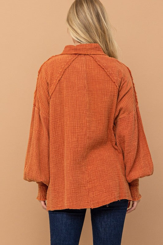 Everyday Persimmon Cotton Smocked Ruffle Detail Shacket