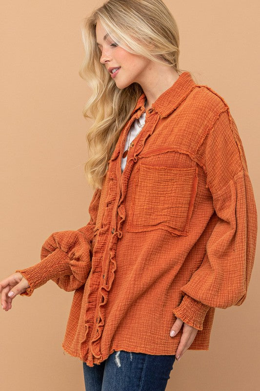 Everyday Persimmon Cotton Smocked Ruffle Detail Shacket