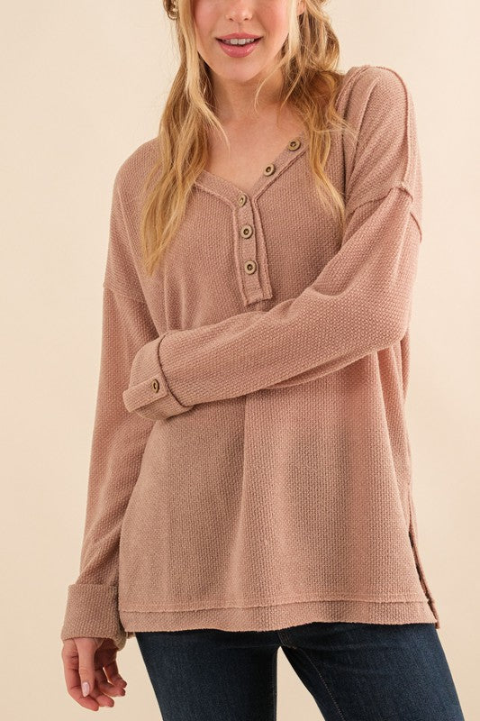 Casual Living Brown Henley Cuff Sleeve Side Slit Pullover