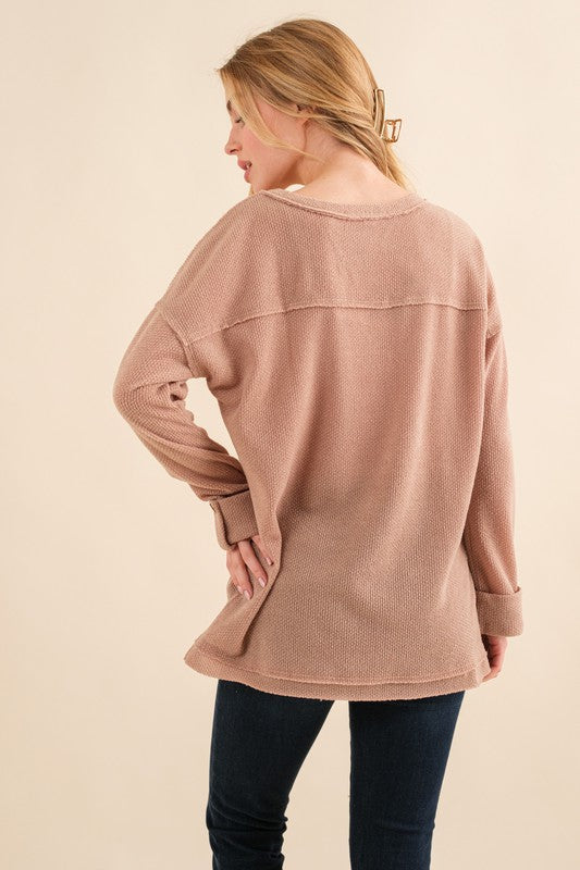 Casual Living Brown Henley Cuff Sleeve Side Slit Pullover