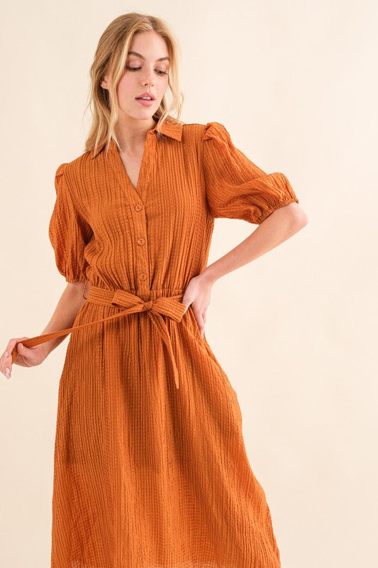 Elegant You Rust Textured Short Sleeve Tie Belt Dress