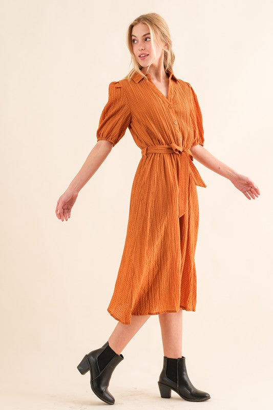 Elegant You Rust Textured Short Sleeve Tie Belt Dress