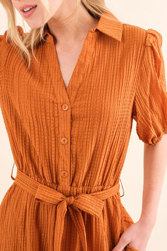 Elegant You Rust Textured Short Sleeve Tie Belt Dress