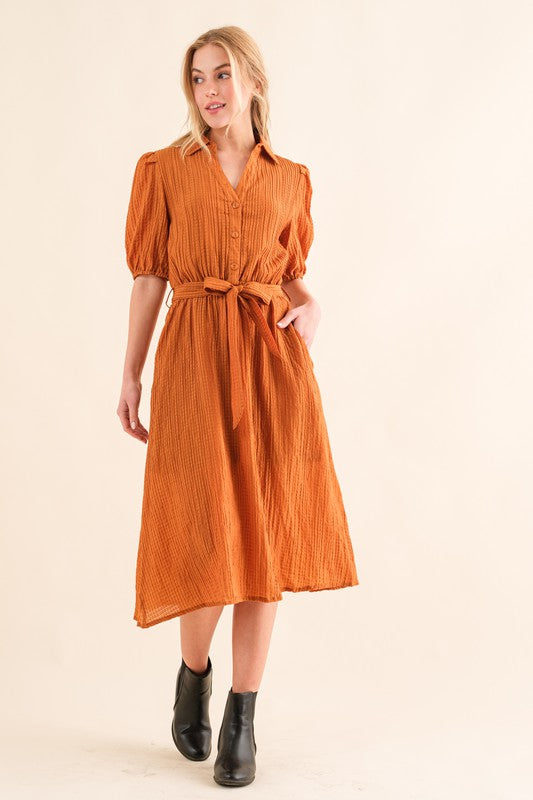 Elegant You Rust Textured Short Sleeve Tie Belt Dress