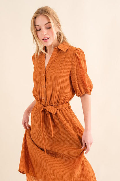 Elegant You Rust Textured Short Sleeve Tie Belt Dress