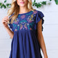 Navy Floral Embroidered Flutter Sleeve Top