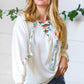 Cream Cotton Terry Floral Print Lace Up Pullover